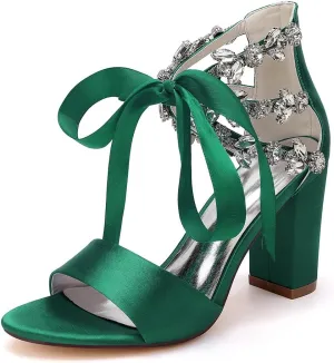 Women's Block Heel Wedding Sandals Rhinestones Open Toe Chunky Ribbon Bridal Shoes Prom Eveing Party Shoes