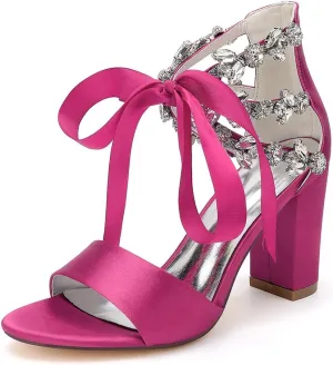 Women's Block Heel Wedding Sandals Rhinestones Open Toe Chunky Ribbon Bridal Shoes Prom Eveing Party Shoes