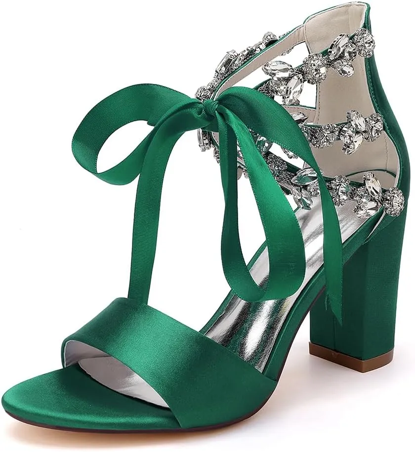Women's Block Heel Wedding Sandals Rhinestones Open Toe Chunky Ribbon Bridal Shoes Prom Eveing Party Shoes
