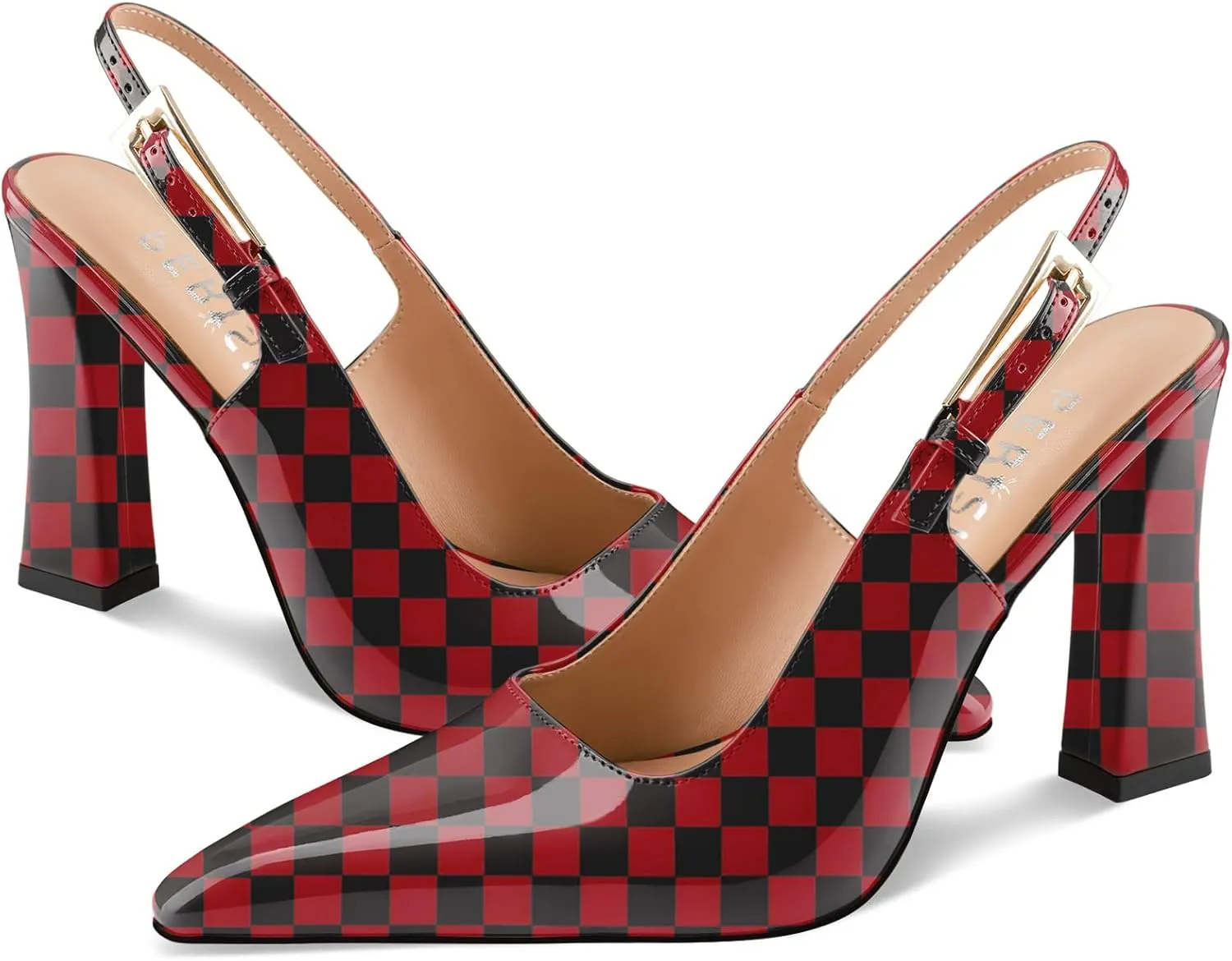 Women's Block high Heels Slingback, Pointed Closed Toe Ankle Strap Fashioned Patent Leather Pumps Shoes.