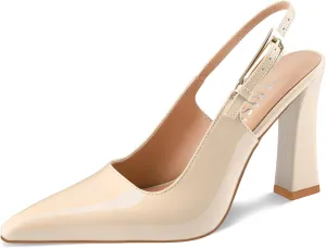 Women's Block high Heels Slingback, Pointed Closed Toe Ankle Strap Fashioned Patent Leather Pumps Shoes.