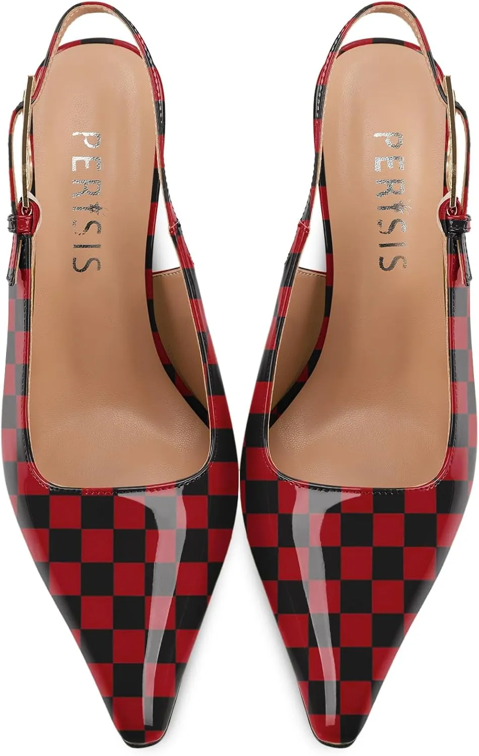 Women's Block high Heels Slingback, Pointed Closed Toe Ankle Strap Fashioned Patent Leather Pumps Shoes.