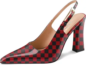 Women's Block high Heels Slingback, Pointed Closed Toe Ankle Strap Fashioned Patent Leather Pumps Shoes.