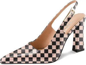 Women's Block high Heels Slingback, Pointed Closed Toe Ankle Strap Fashioned Patent Leather Pumps Shoes.