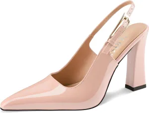 Women's Block high Heels Slingback, Pointed Closed Toe Ankle Strap Fashioned Patent Leather Pumps Shoes.