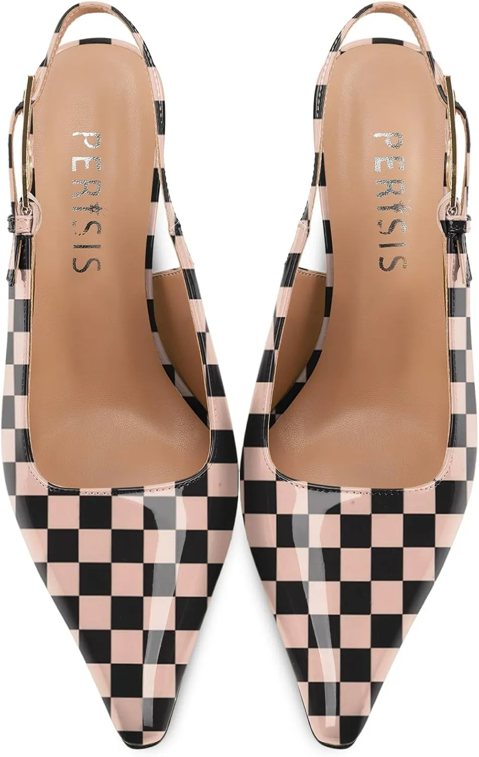 Women's Block high Heels Slingback, Pointed Closed Toe Ankle Strap Fashioned Patent Leather Pumps Shoes.