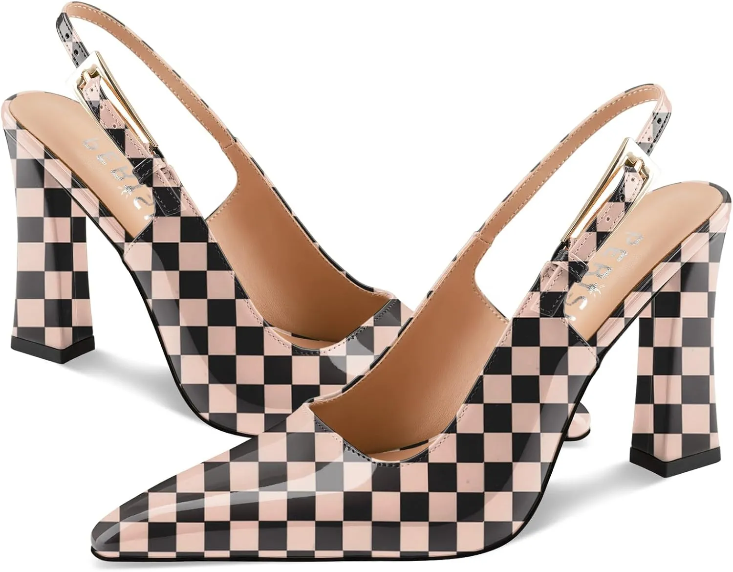 Women's Block high Heels Slingback, Pointed Closed Toe Ankle Strap Fashioned Patent Leather Pumps Shoes.