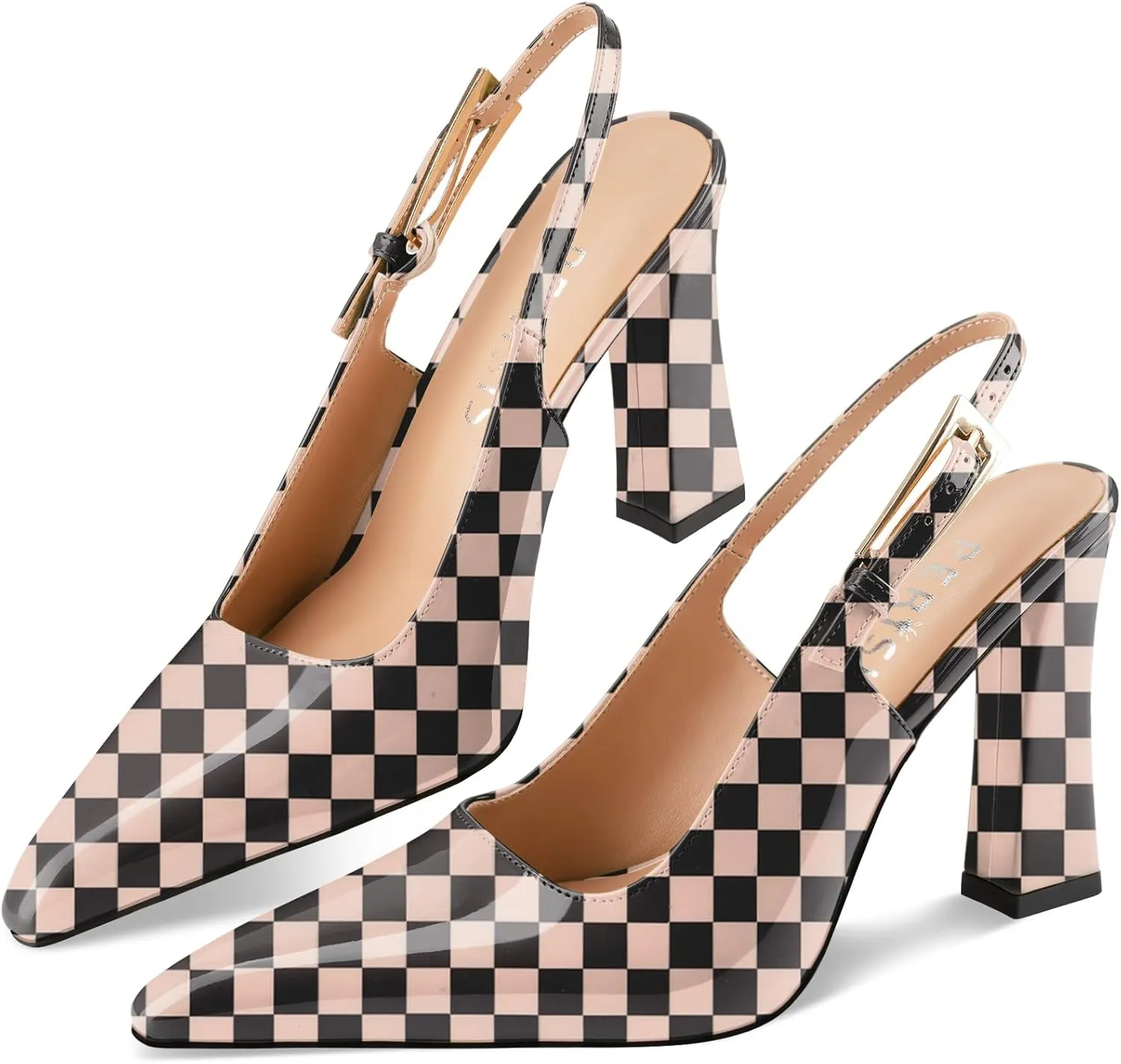 Women's Block high Heels Slingback, Pointed Closed Toe Ankle Strap Fashioned Patent Leather Pumps Shoes.