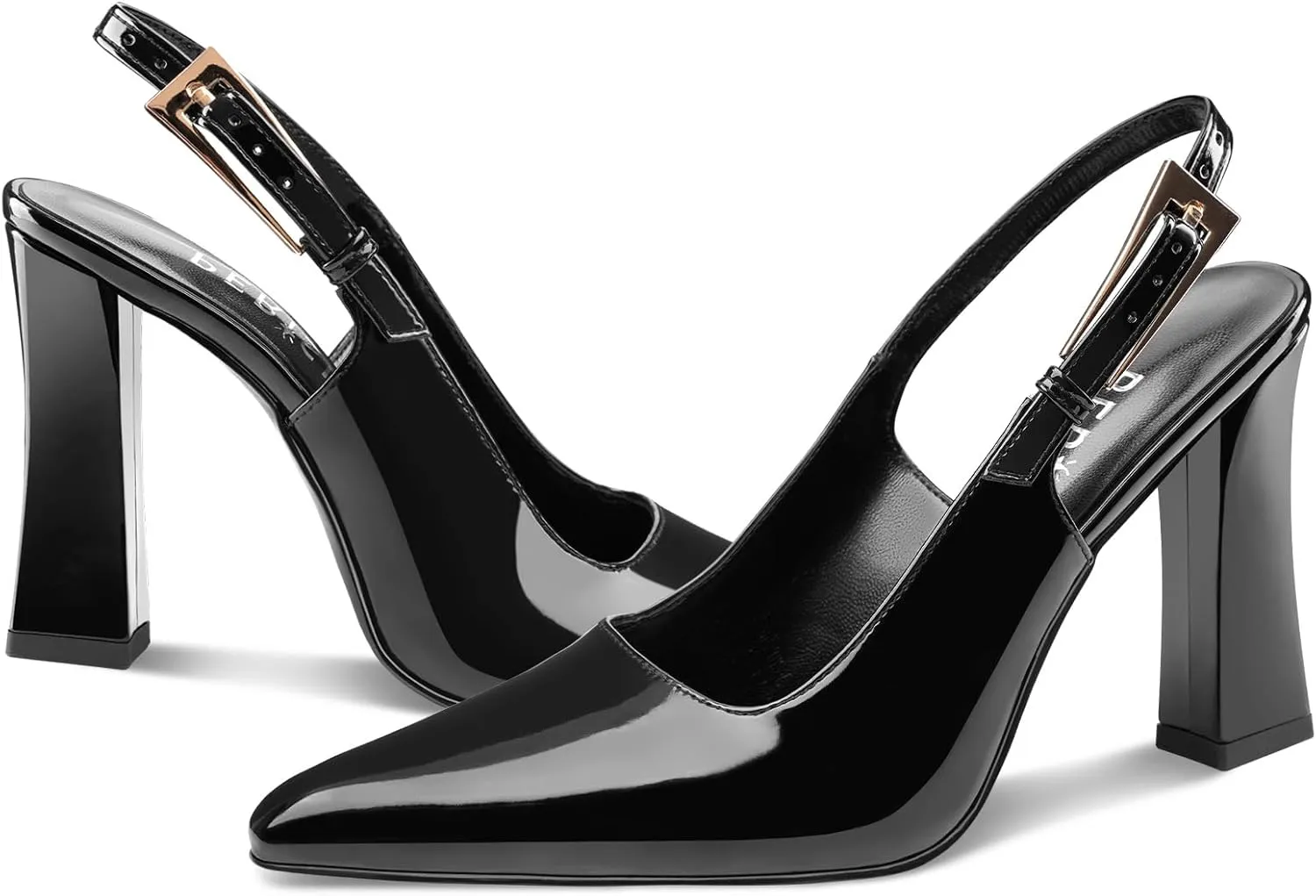 Women's Block high Heels Slingback, Pointed Closed Toe Ankle Strap Fashioned Patent Leather Pumps Shoes.