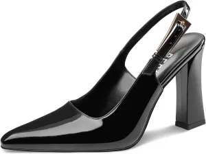 Women's Block high Heels Slingback, Pointed Closed Toe Ankle Strap Fashioned Patent Leather Pumps Shoes.