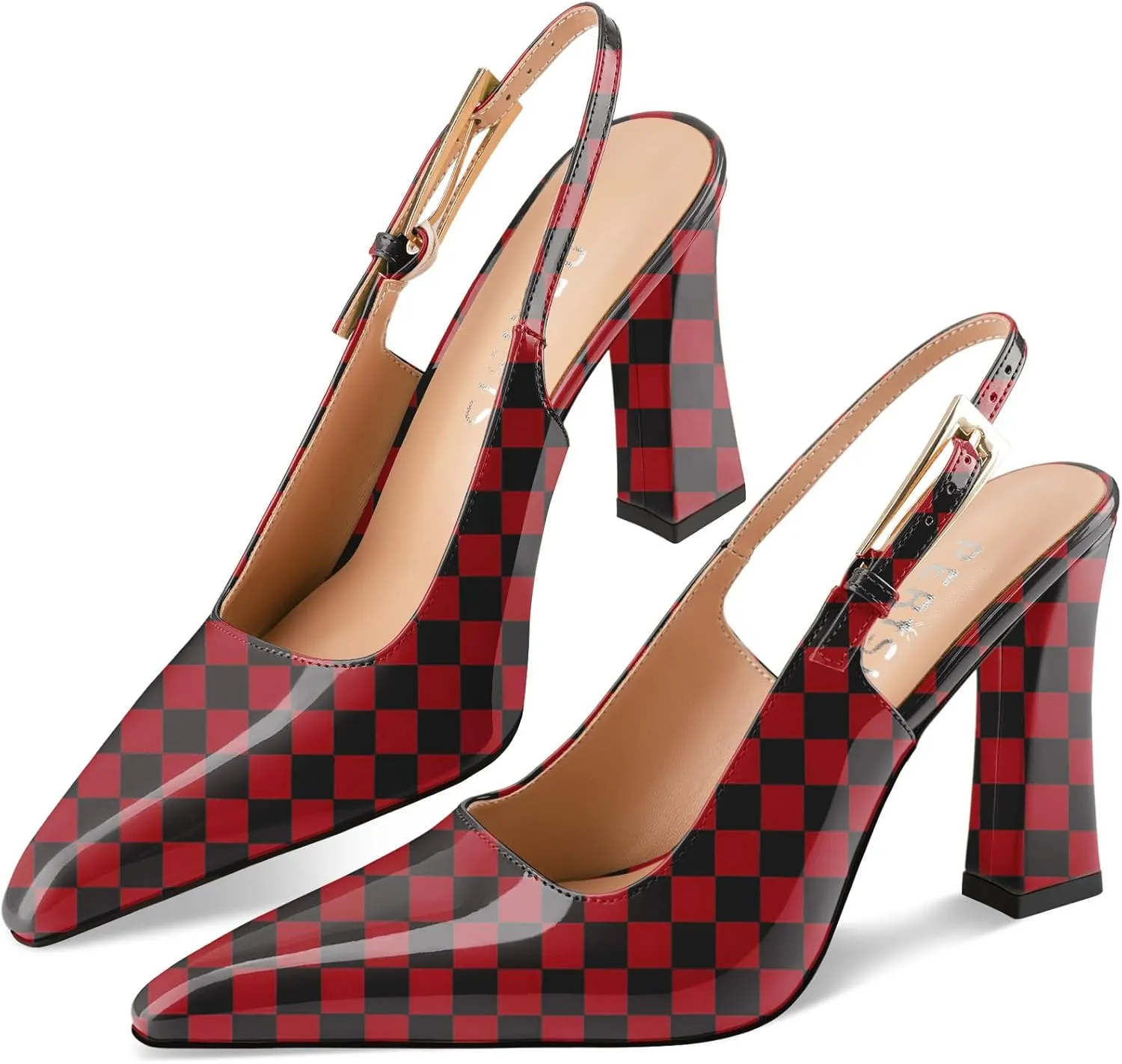 Women's Block high Heels Slingback, Pointed Closed Toe Ankle Strap Fashioned Patent Leather Pumps Shoes.