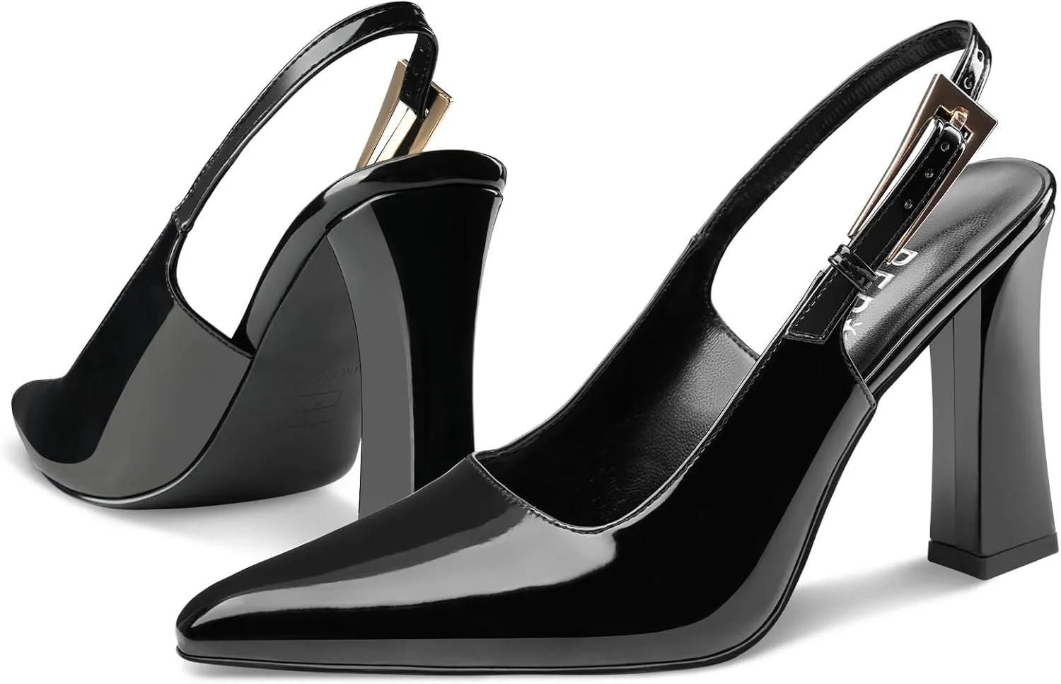 Women's Block high Heels Slingback, Pointed Closed Toe Ankle Strap Fashioned Patent Leather Pumps Shoes.