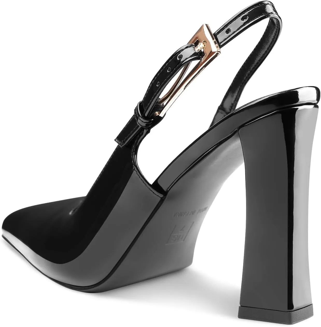 Women's Block high Heels Slingback, Pointed Closed Toe Ankle Strap Fashioned Patent Leather Pumps Shoes.