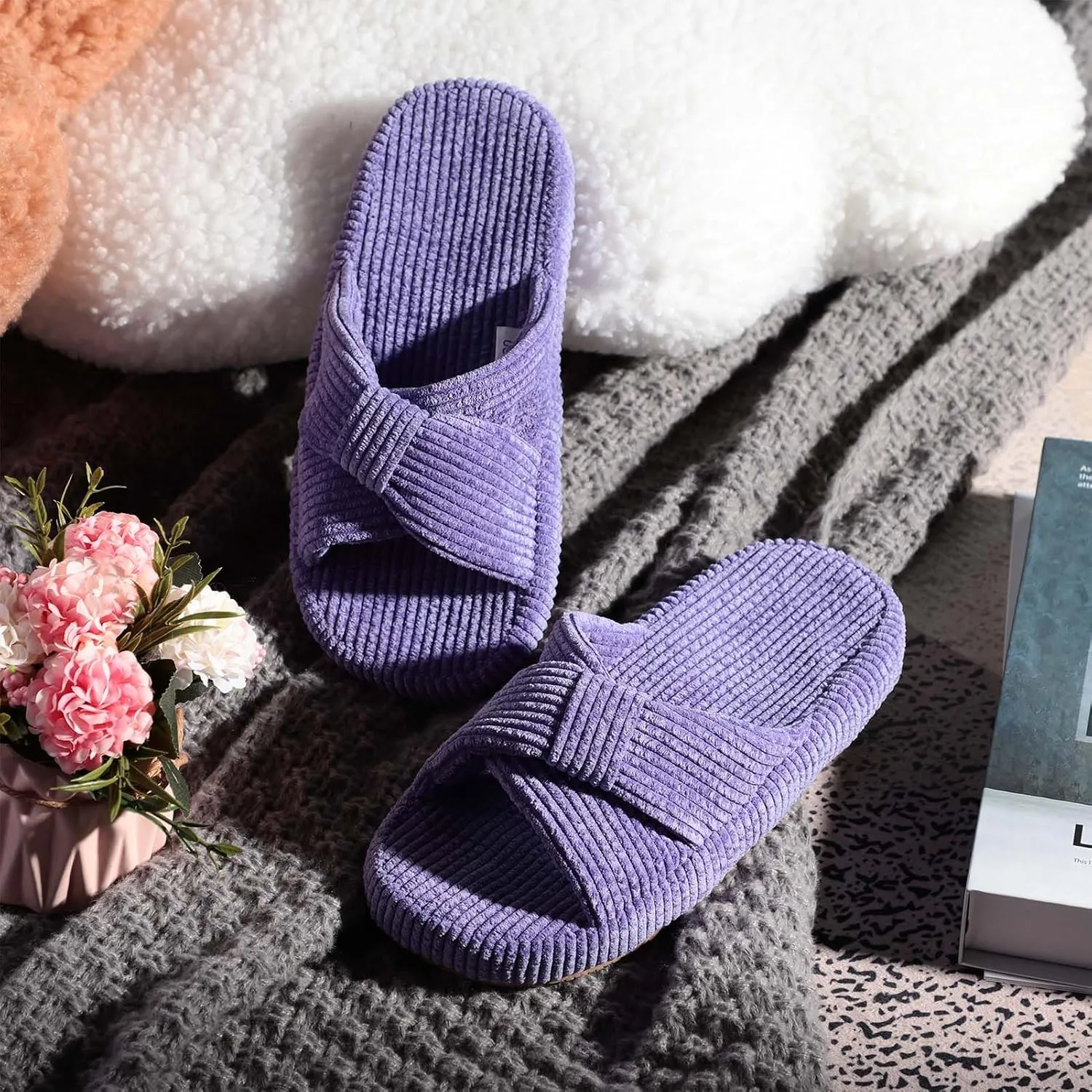 Women's Bow Cross Band Slippers Memory Foam House Bedroom Corduroy Slide Slipper Shoes Open Toe