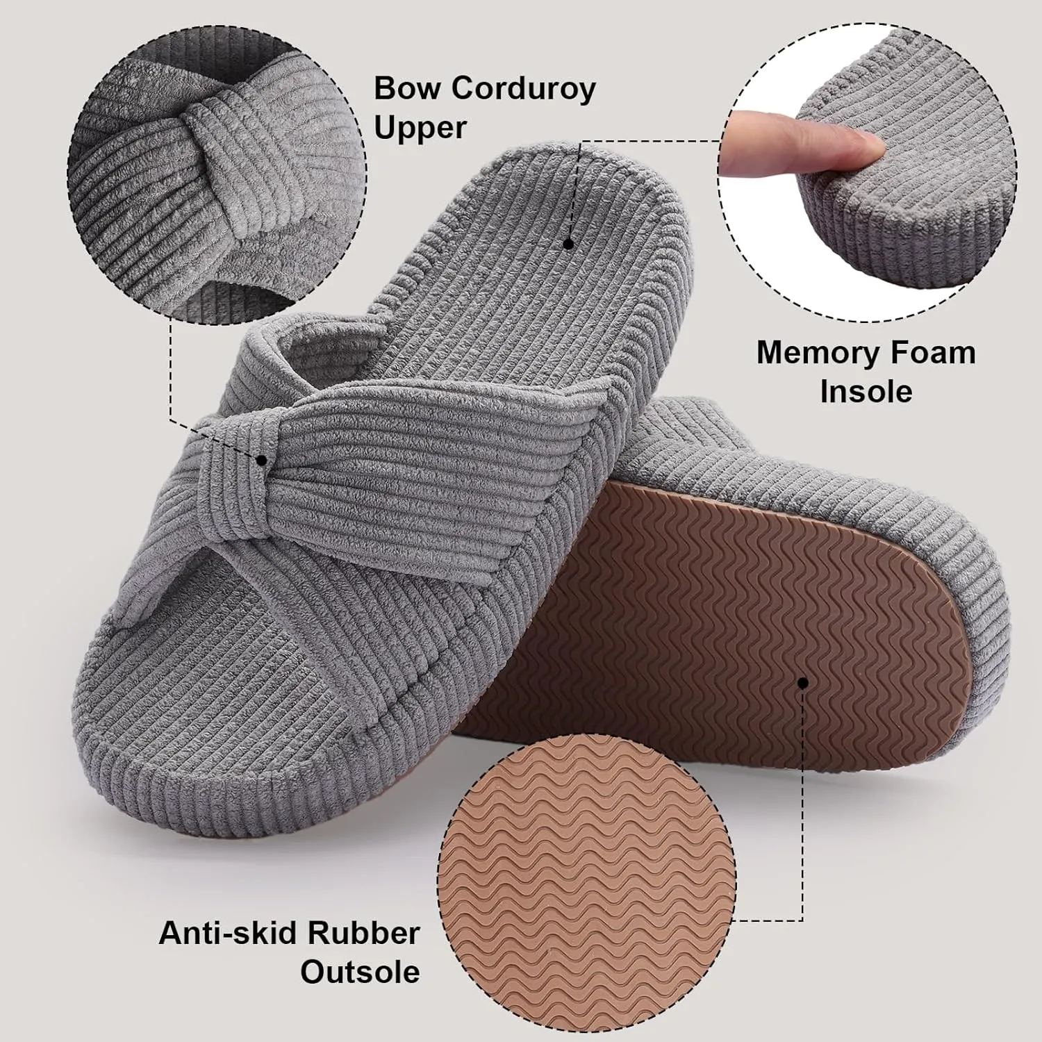 Women's Bow Cross Band Slippers Memory Foam House Bedroom Corduroy Slide Slipper Shoes Open Toe