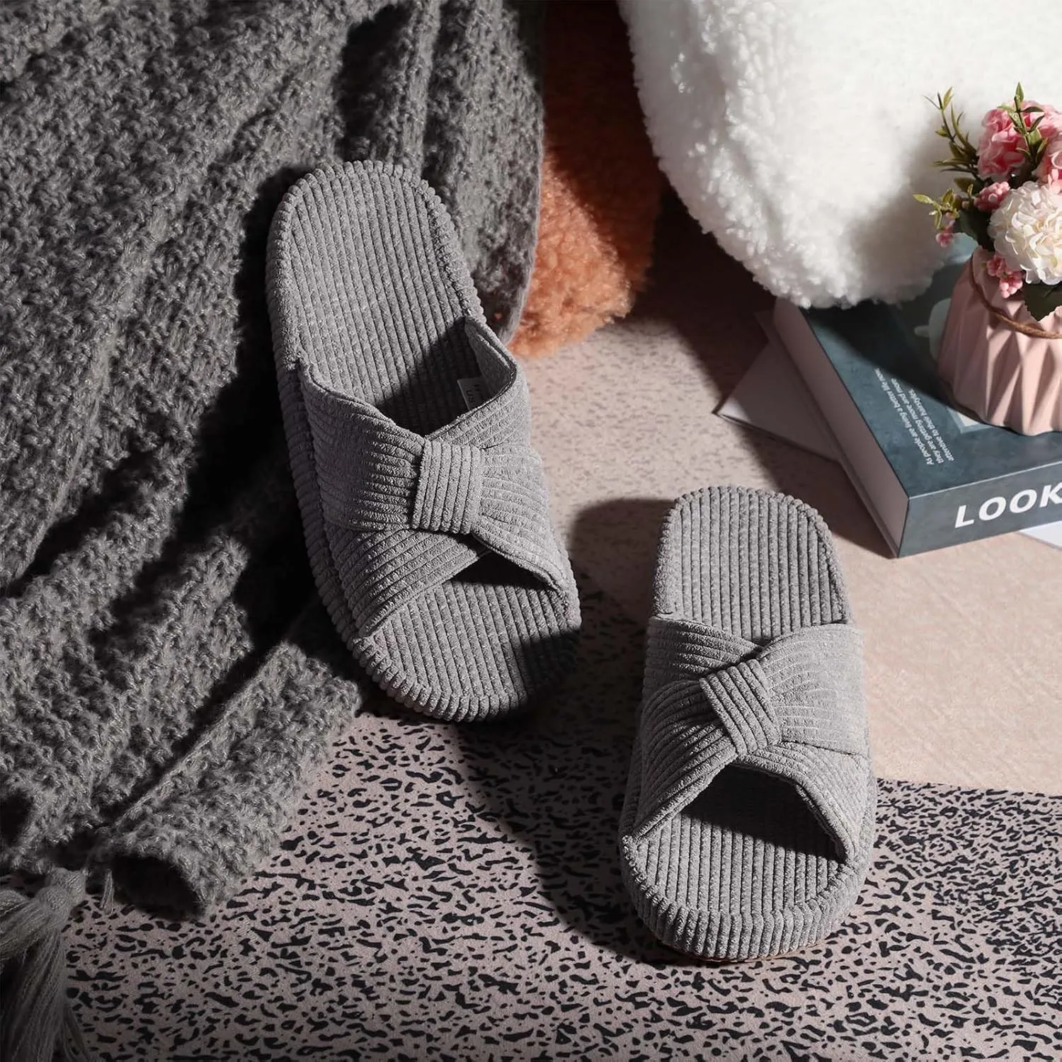 Women's Bow Cross Band Slippers Memory Foam House Bedroom Corduroy Slide Slipper Shoes Open Toe