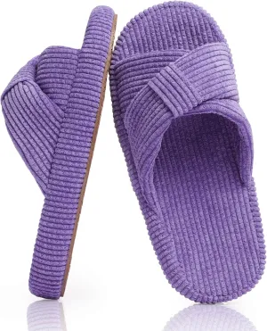 Women's Bow Cross Band Slippers Memory Foam House Bedroom Corduroy Slide Slipper Shoes Open Toe