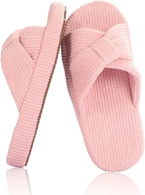 Women's Bow Cross Band Slippers Memory Foam House Bedroom Corduroy Slide Slipper Shoes Open Toe