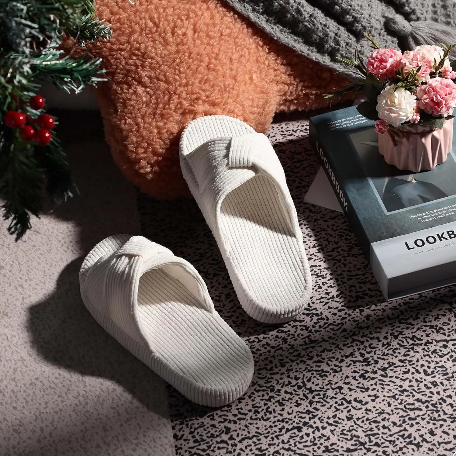 Women's Bow Cross Band Slippers Memory Foam House Bedroom Corduroy Slide Slipper Shoes Open Toe