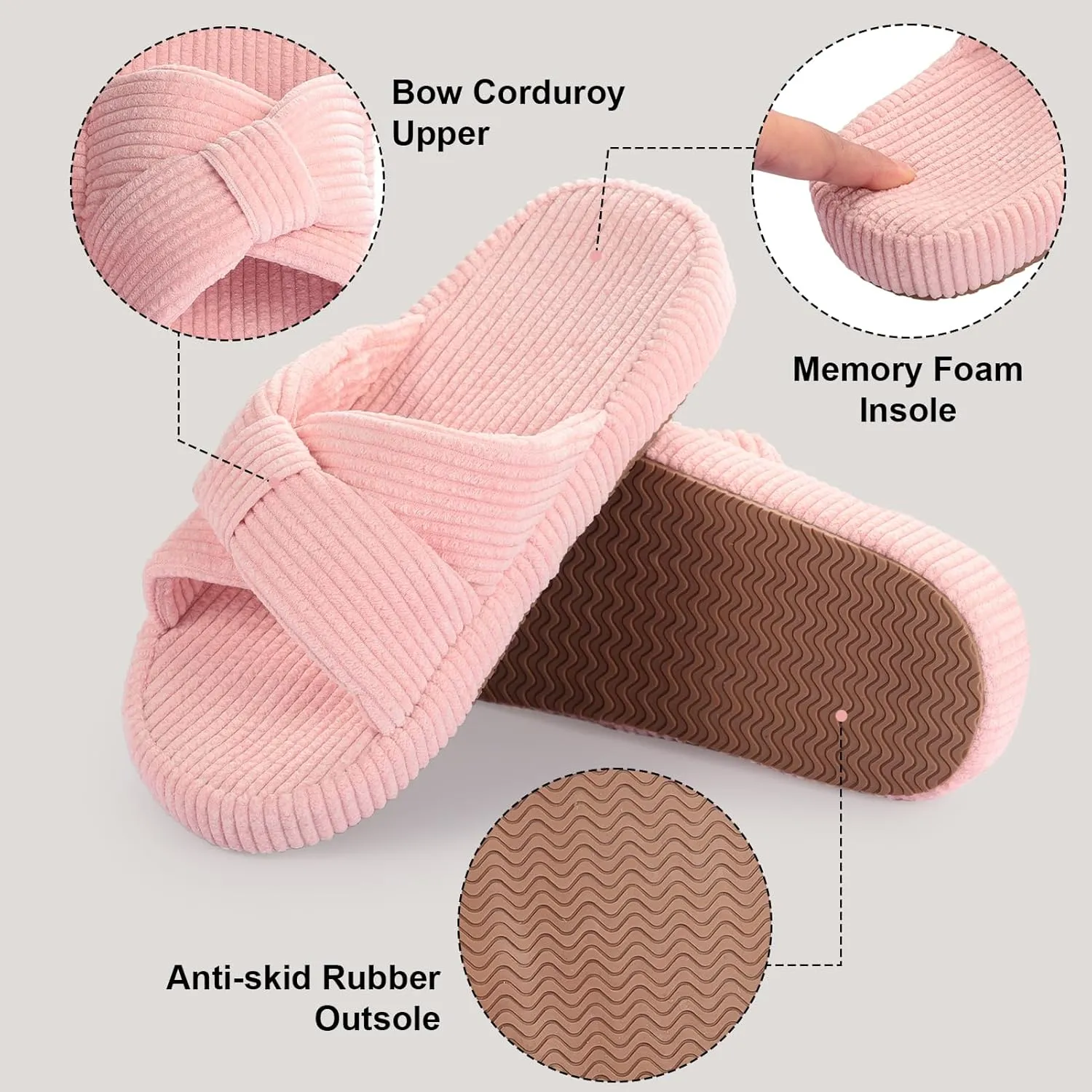 Women's Bow Cross Band Slippers Memory Foam House Bedroom Corduroy Slide Slipper Shoes Open Toe