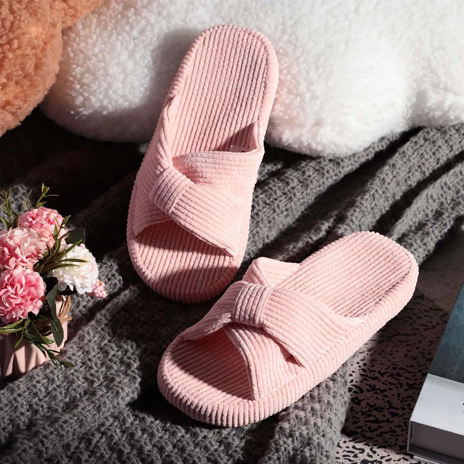 Women's Bow Cross Band Slippers Memory Foam House Bedroom Corduroy Slide Slipper Shoes Open Toe