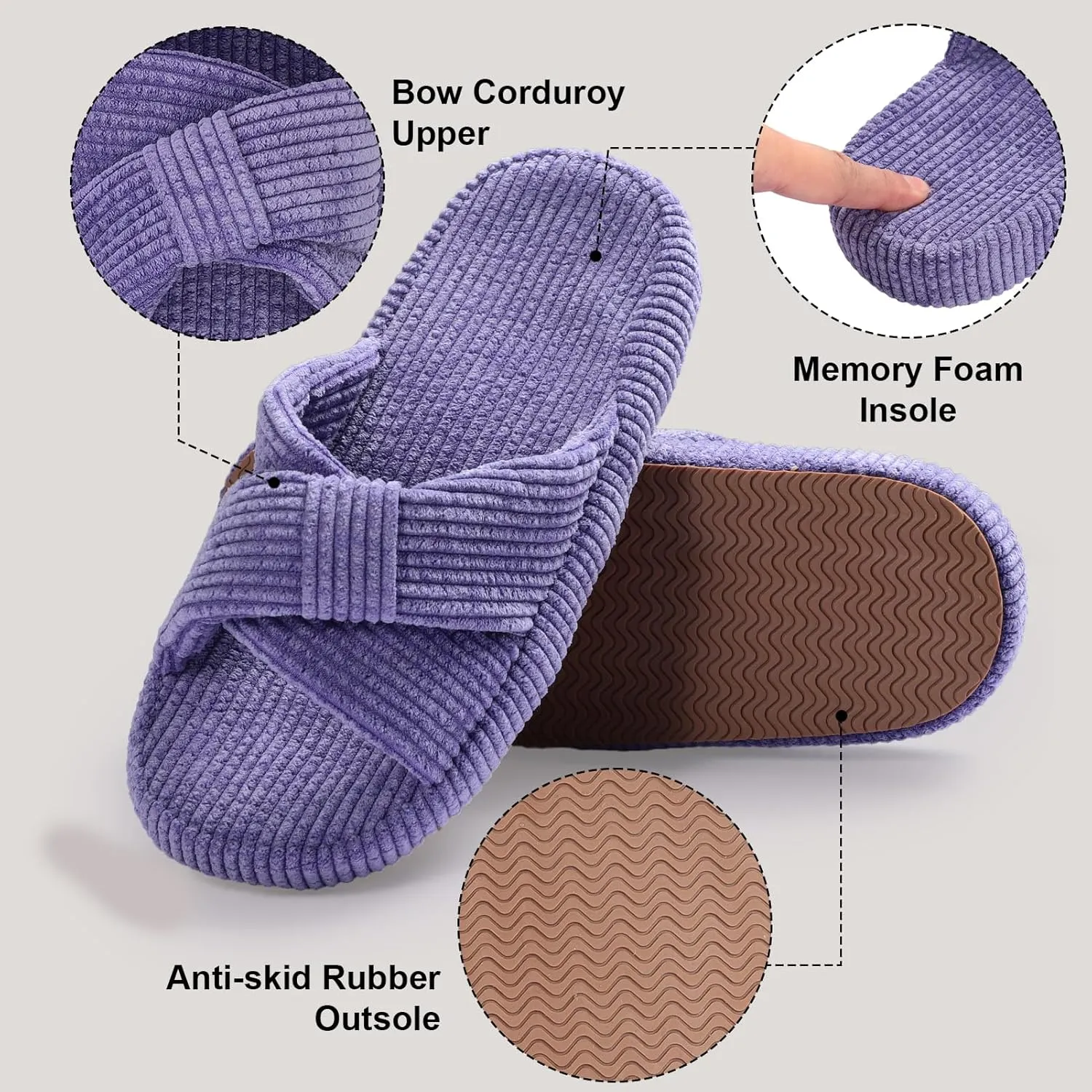 Women's Bow Cross Band Slippers Memory Foam House Bedroom Corduroy Slide Slipper Shoes Open Toe