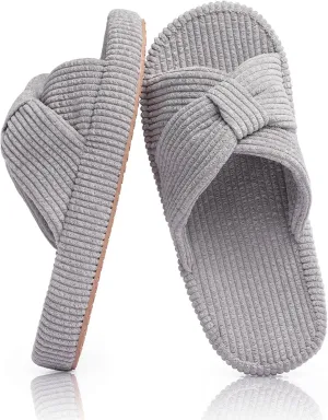 Women's Bow Cross Band Slippers Memory Foam House Bedroom Corduroy Slide Slipper Shoes Open Toe