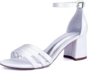 Women's Chunky Block Heel Sandals for Women Open Toe High Heel Satin Ankle Strap Bridal Shoes for Wedding