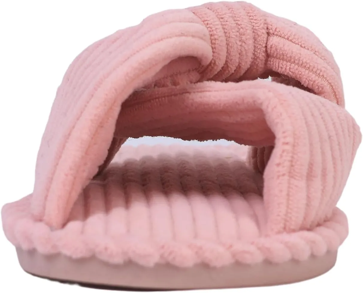 Womens Corduroy Bow House Slippers - Cozy Bedroom Slippers Memory Foam Slide Slippers open toe beige