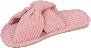 Womens Corduroy Bow House Slippers - Cozy Bedroom Slippers Memory Foam Slide Slippers open toe beige