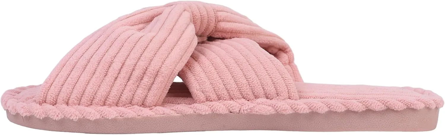 Womens Corduroy Bow House Slippers - Cozy Bedroom Slippers Memory Foam Slide Slippers open toe beige