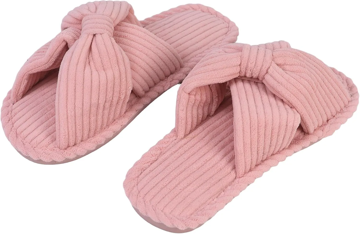 Womens Corduroy Bow House Slippers - Cozy Bedroom Slippers Memory Foam Slide Slippers open toe beige