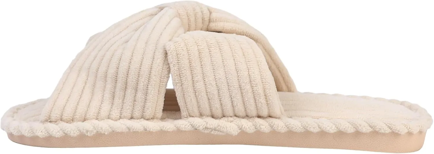 Womens Corduroy Bow House Slippers - Cozy Bedroom Slippers Memory Foam Slide Slippers open toe beige