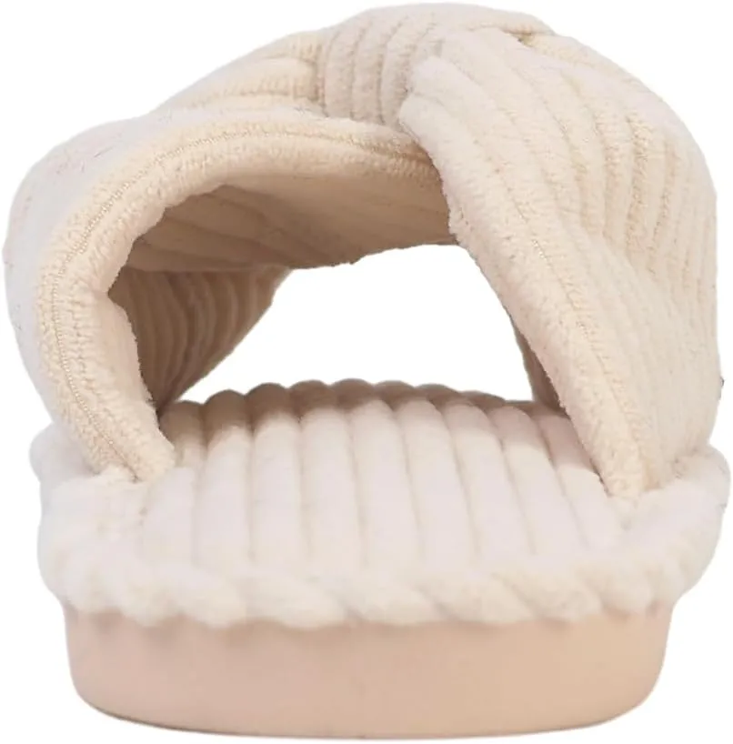 Womens Corduroy Bow House Slippers - Cozy Bedroom Slippers Memory Foam Slide Slippers open toe beige