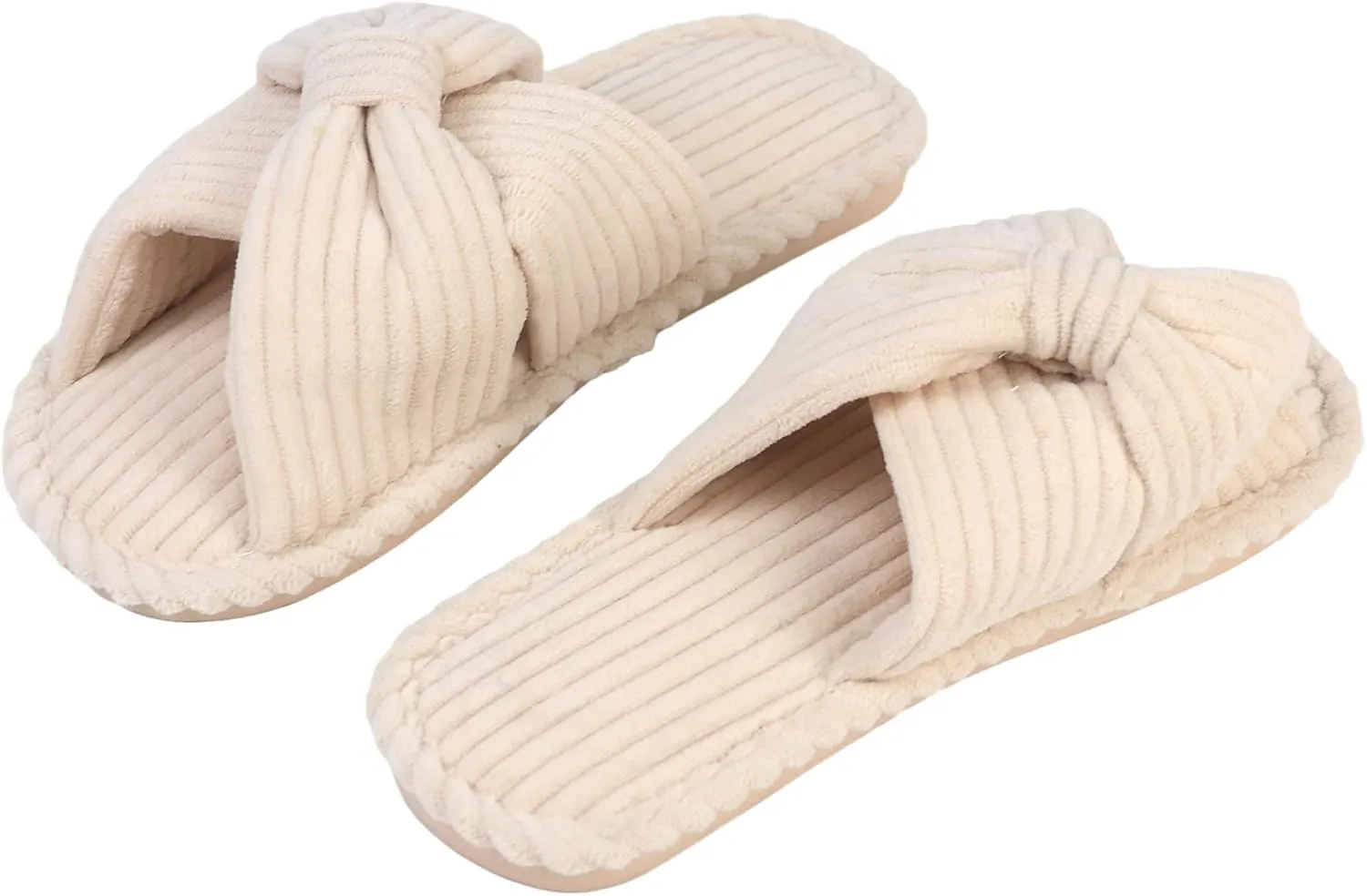 Womens Corduroy Bow House Slippers - Cozy Bedroom Slippers Memory Foam Slide Slippers open toe beige