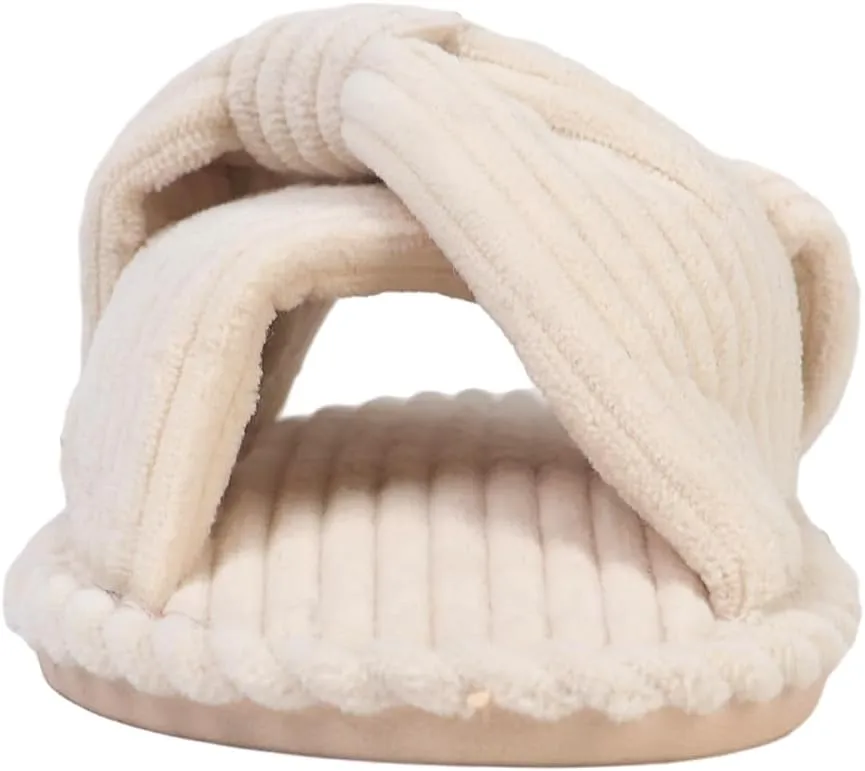 Womens Corduroy Bow House Slippers - Cozy Bedroom Slippers Memory Foam Slide Slippers open toe beige