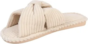 Womens Corduroy Bow House Slippers - Cozy Bedroom Slippers Memory Foam Slide Slippers open toe beige