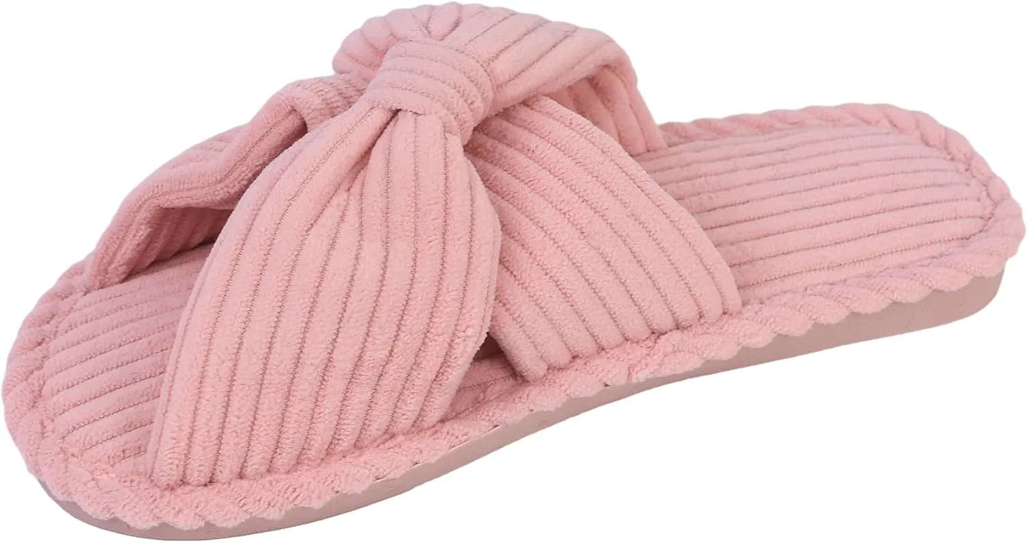 Womens Corduroy Bow House Slippers - Cozy Bedroom Slippers Memory Foam Slide Slippers open toe beige