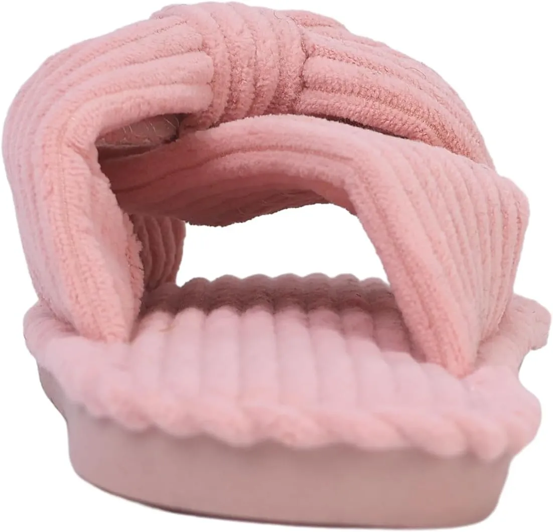 Womens Corduroy Bow House Slippers - Cozy Bedroom Slippers Memory Foam Slide Slippers open toe beige