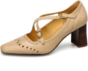 Women's Genuine Leather Handmade Cross Straps Square Toe Pumps Brogue Shoes