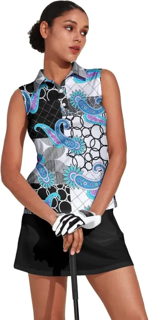 Women's Golf Shirts Sleeveless Collared Shirt for Women Quick Dry Button Up Tennis T-Shirt Printed Workout Tank Tops