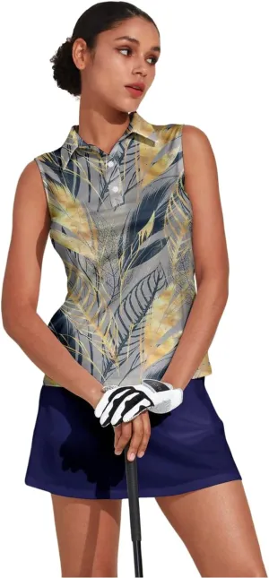 Women's Golf Shirts Sleeveless Collared Shirt for Women Quick Dry Button Up Tennis T-Shirt Printed Workout Tank Tops