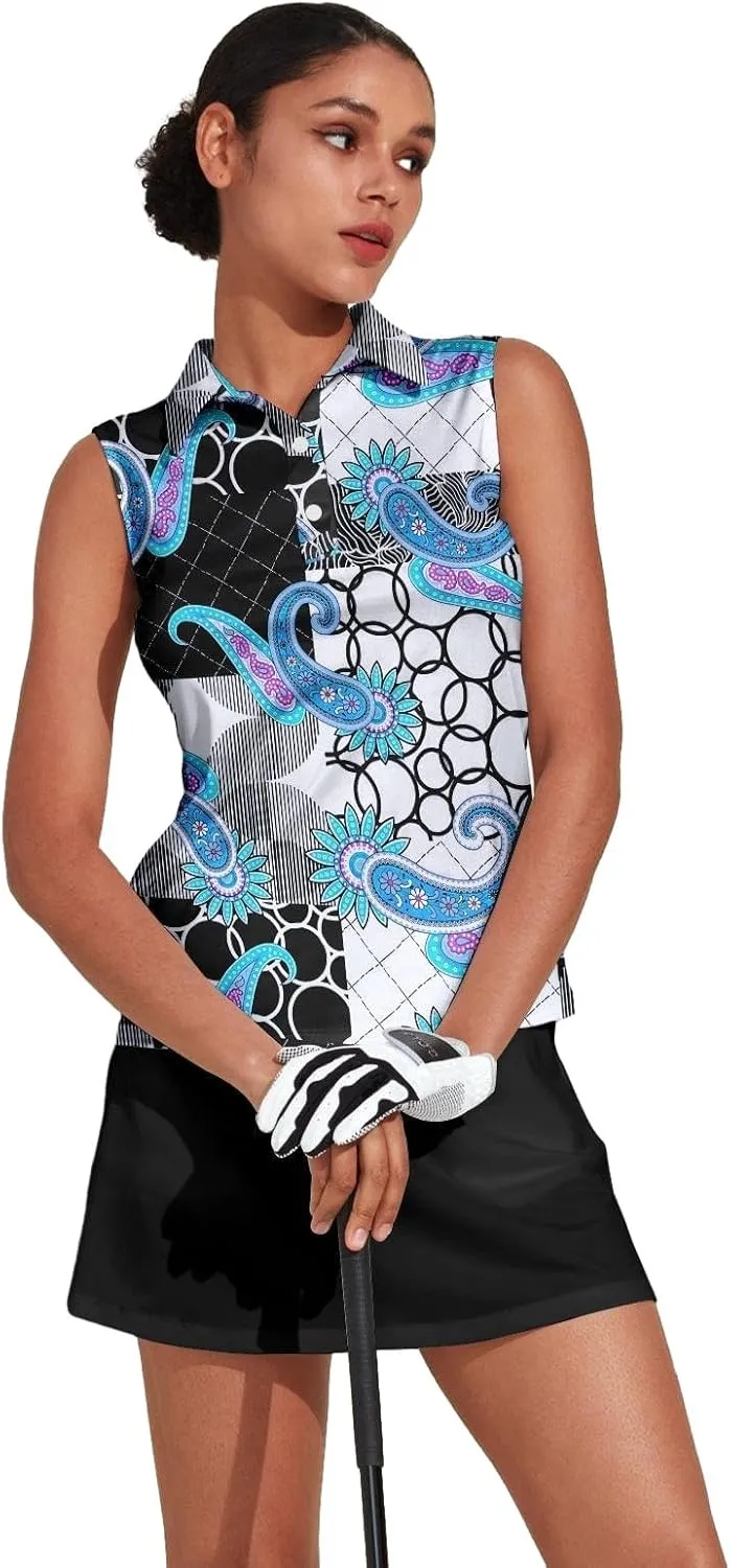 Women's Golf Shirts Sleeveless Collared Shirt for Women Quick Dry Button Up Tennis T-Shirt Printed Workout Tank Tops