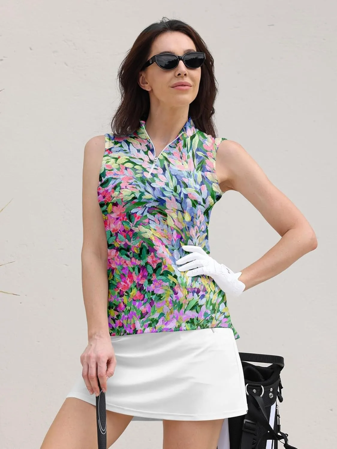 Women's Golf Shirts Sleeveless Printed Polo Shirt for Women Quick Dry Quarter Zip Stand Collar Tee Shirt Workout Top