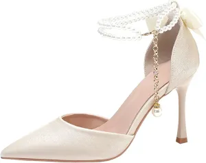 Women's High Heel Party Court Shoes Stiletto Pointed Toe Ankle Strap Pumps Shoes Satin Heeled Sandals