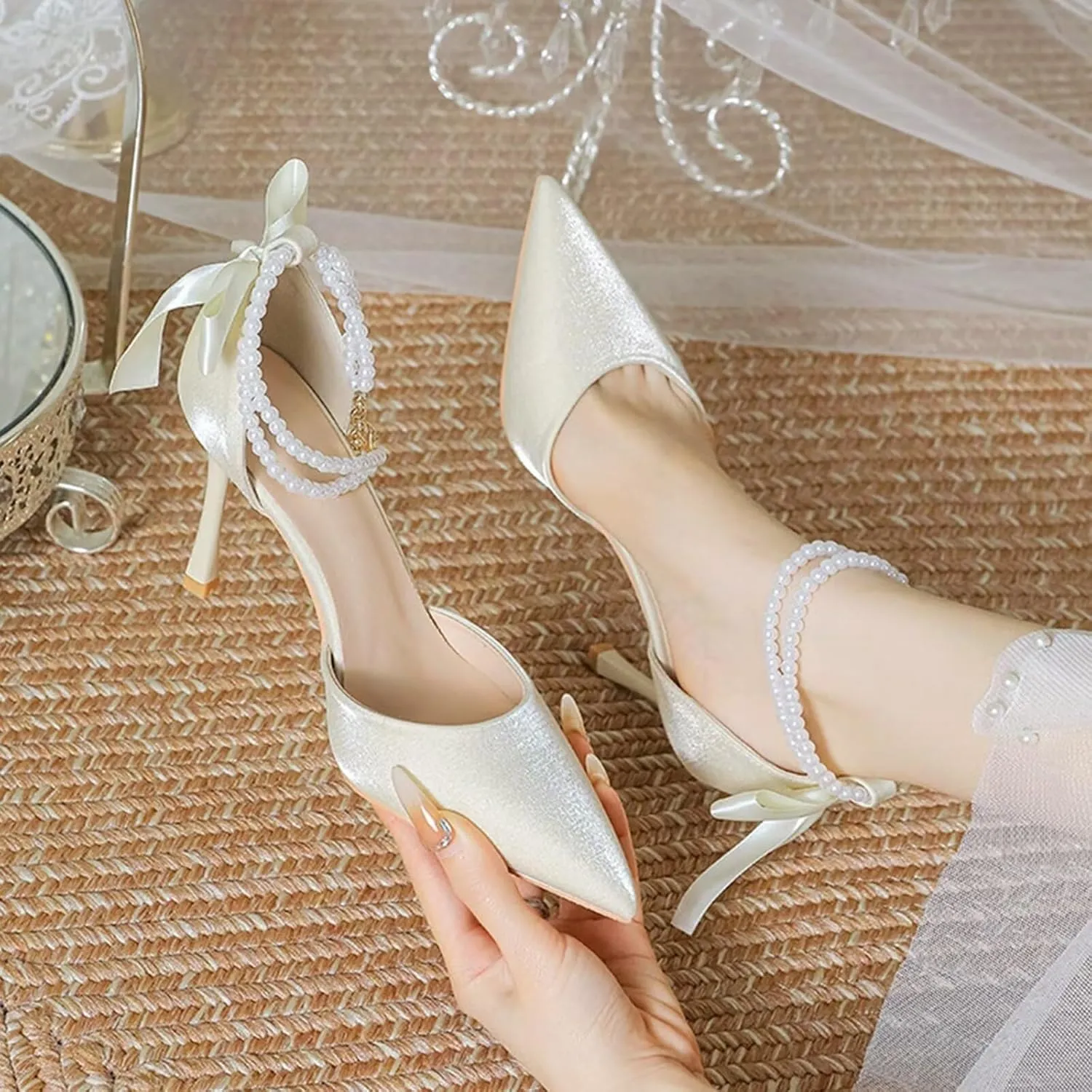 Women's High Heel Party Court Shoes Stiletto Pointed Toe Ankle Strap Pumps Shoes Satin Heeled Sandals