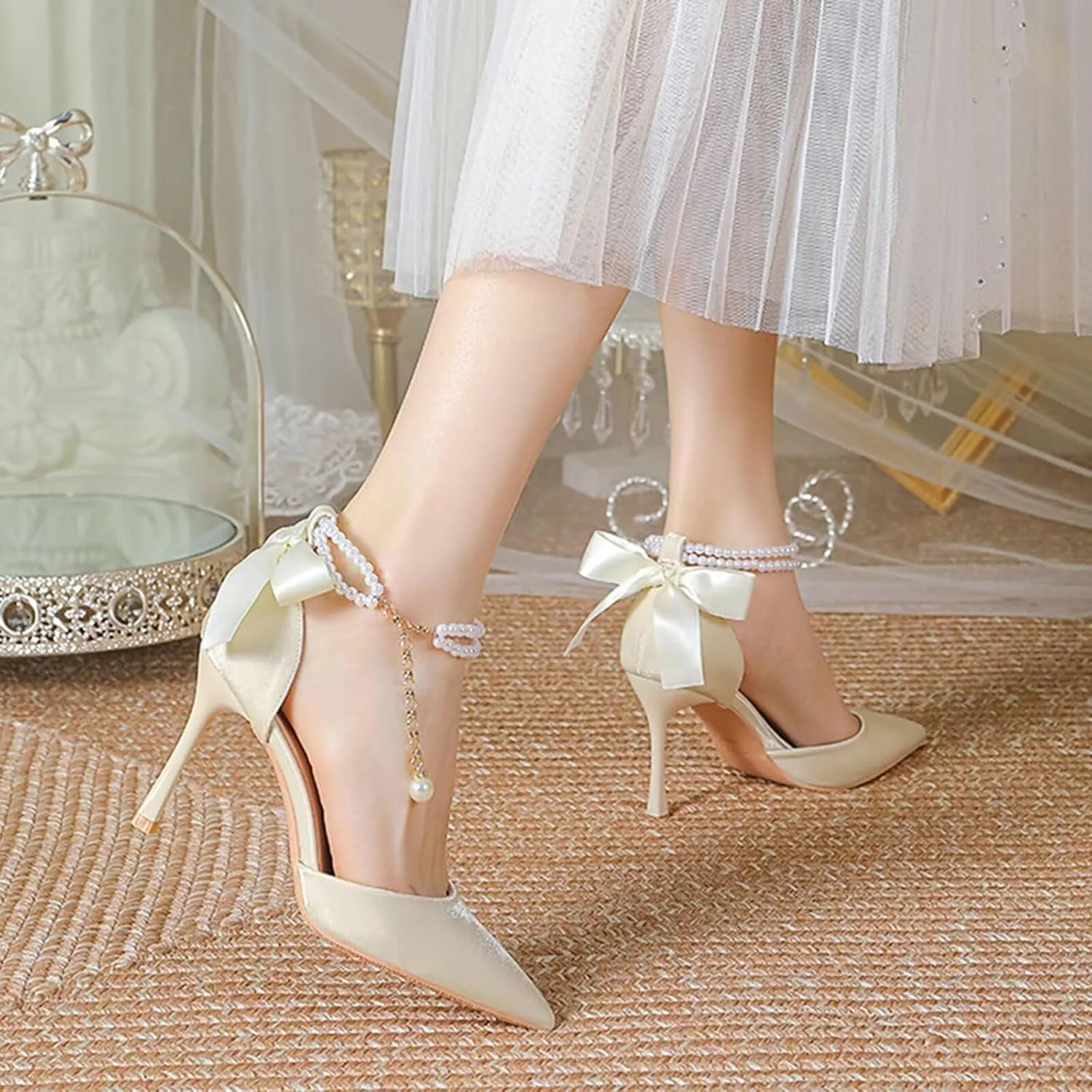 Women's High Heel Party Court Shoes Stiletto Pointed Toe Ankle Strap Pumps Shoes Satin Heeled Sandals