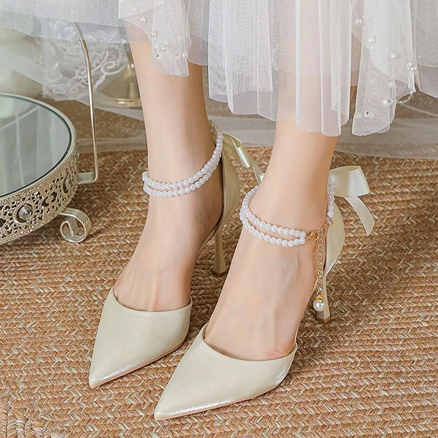 Women's High Heel Party Court Shoes Stiletto Pointed Toe Ankle Strap Pumps Shoes Satin Heeled Sandals