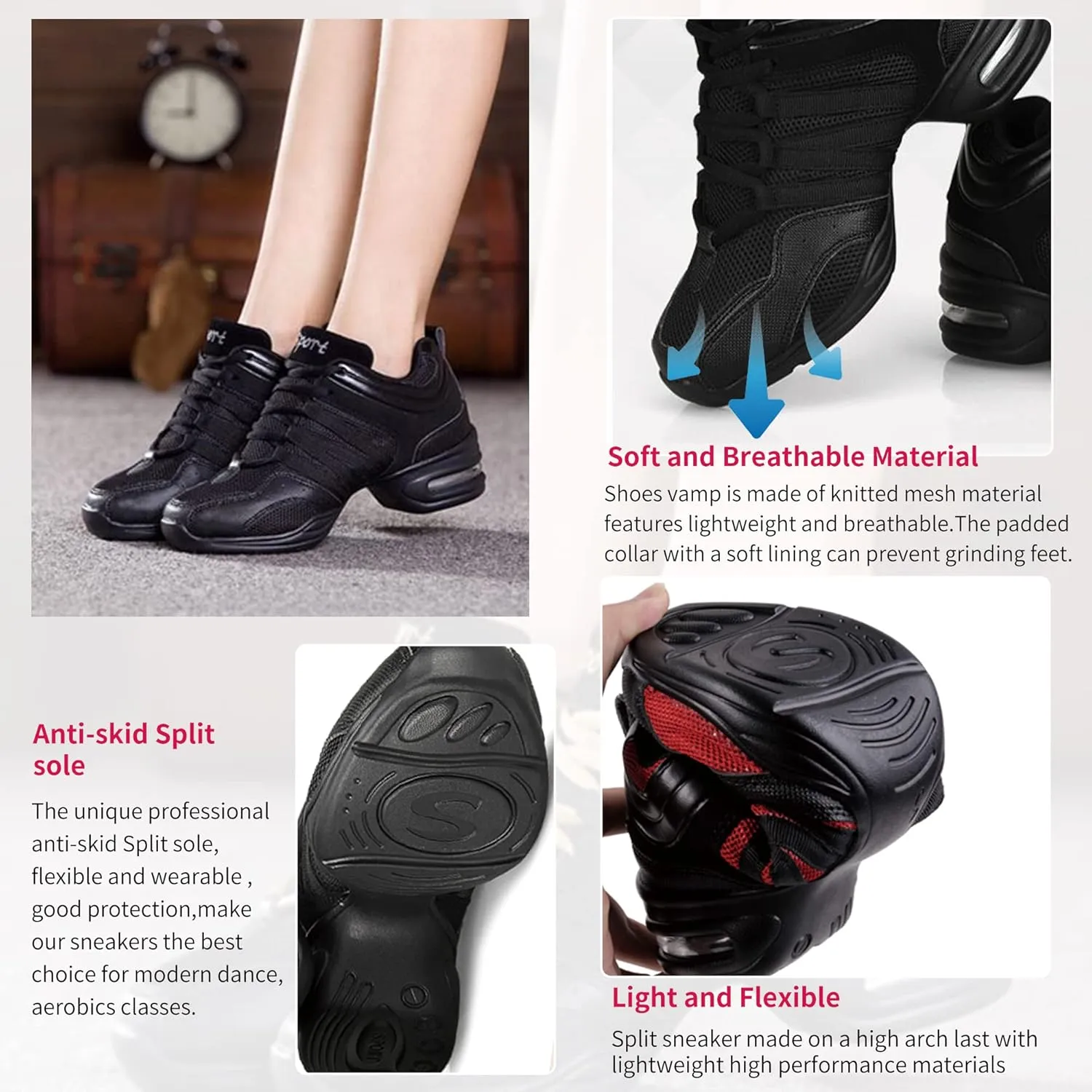 Women's Jazz Shoes Lace-up SneakersMesh Slip Thick Soled Jazz Dance Shoes Cushion Lady Girls Modern Breathable Air Cushion Split Sole Athletic Walking Dance Shoes