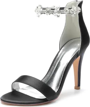 Women's Satin Open Toe Wedding High Heels for Bride Ankle Strap Rhinestones Stiletto Heels for Women Wedding Bridal Shoes
